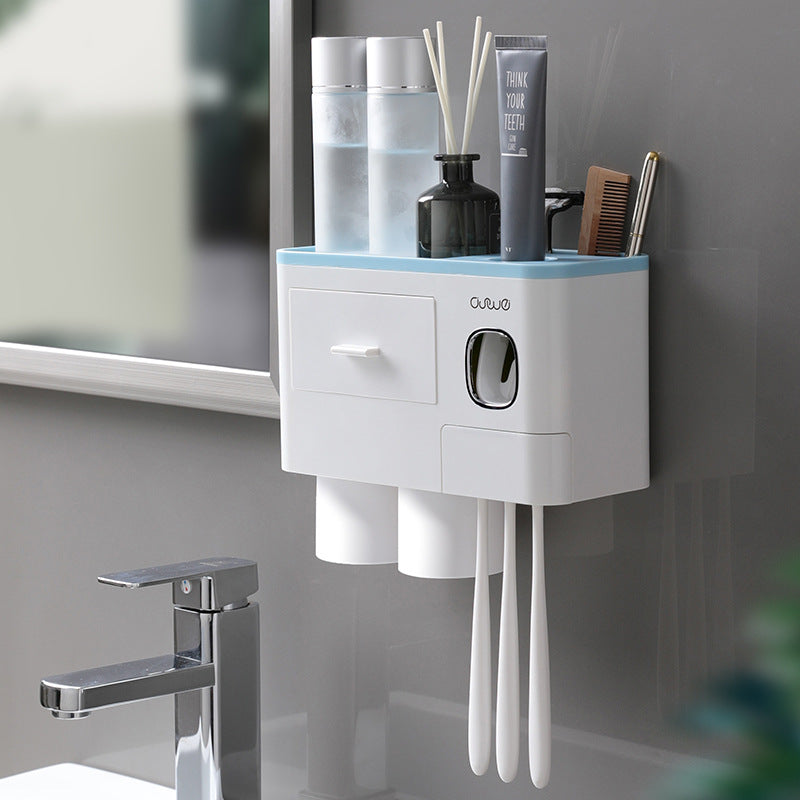 Wall-Mounted Multifunction Toothpaste Dispenser, Toothbrush Holder, Double Drawer Bathroom Organizer