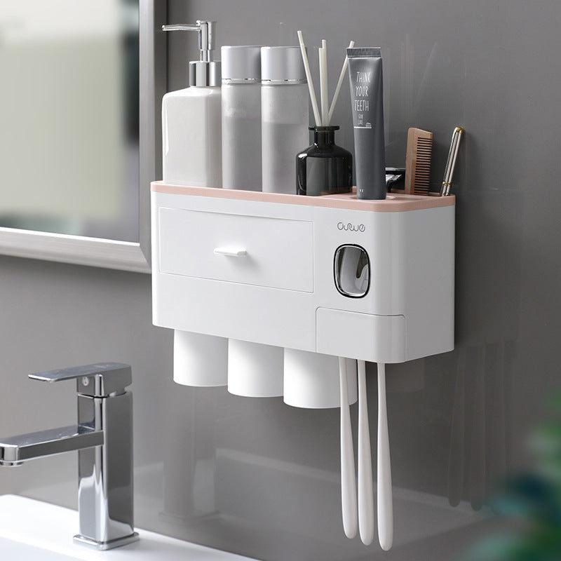 Wall-Mounted Multifunction Toothpaste Dispenser, Toothbrush Holder, Double Drawer Bathroom Organizer