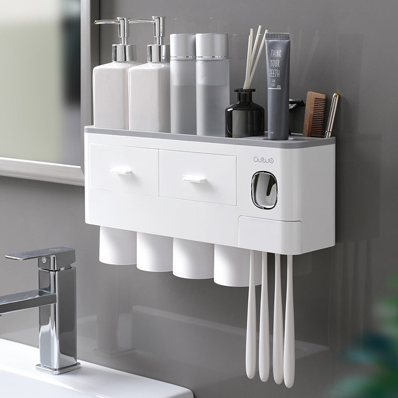 Wall-Mounted Multifunction Toothpaste Dispenser, Toothbrush Holder, Double Drawer Bathroom Organizer