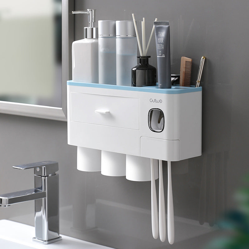 Wall-Mounted Multifunction Toothpaste Dispenser, Toothbrush Holder, Double Drawer Bathroom Organizer