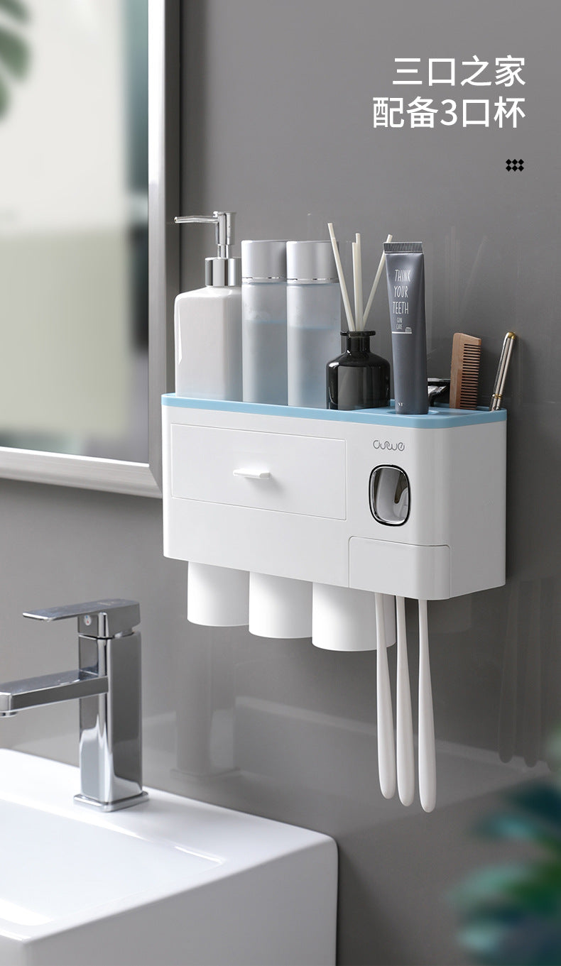 Wall-Mounted Multifunction Toothpaste Dispenser, Toothbrush Holder, Double Drawer Bathroom Organizer