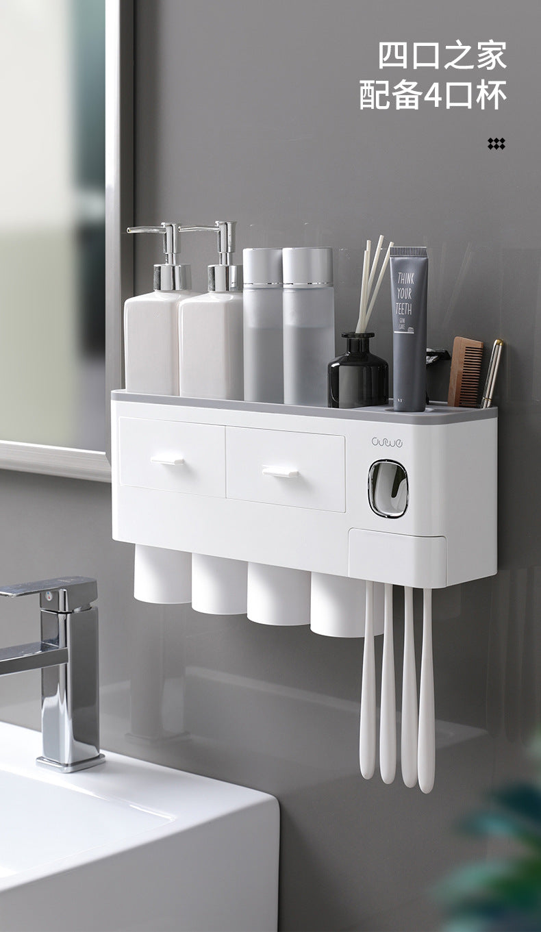 Wall-Mounted Multifunction Toothpaste Dispenser, Toothbrush Holder, Double Drawer Bathroom Organizer