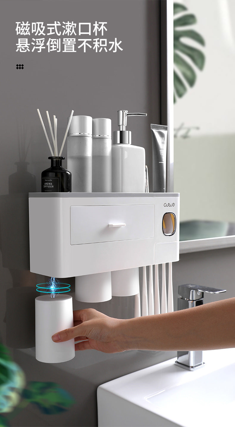 Wall-Mounted Multifunction Toothpaste Dispenser, Toothbrush Holder, Double Drawer Bathroom Organizer