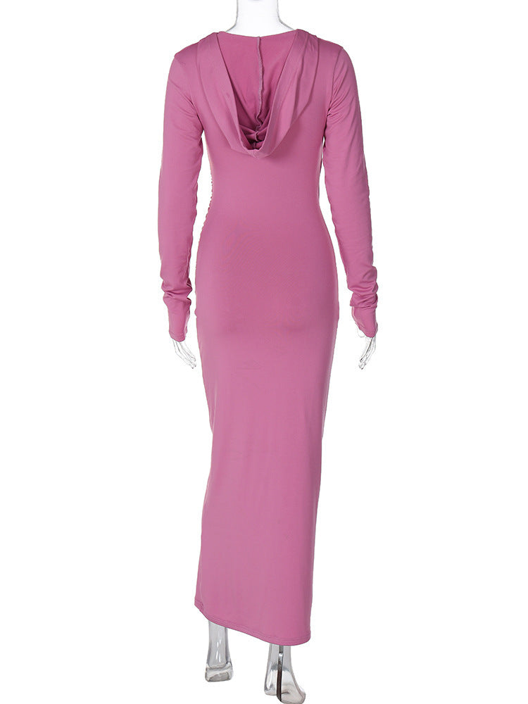 Solid Hooded  Long Sleeved Slim Maxi Dress