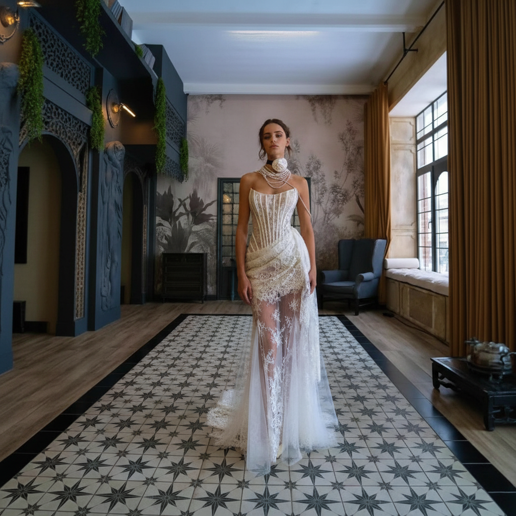 Strapless Lace Corset Bridal Gown with Sheer Skirt & Train