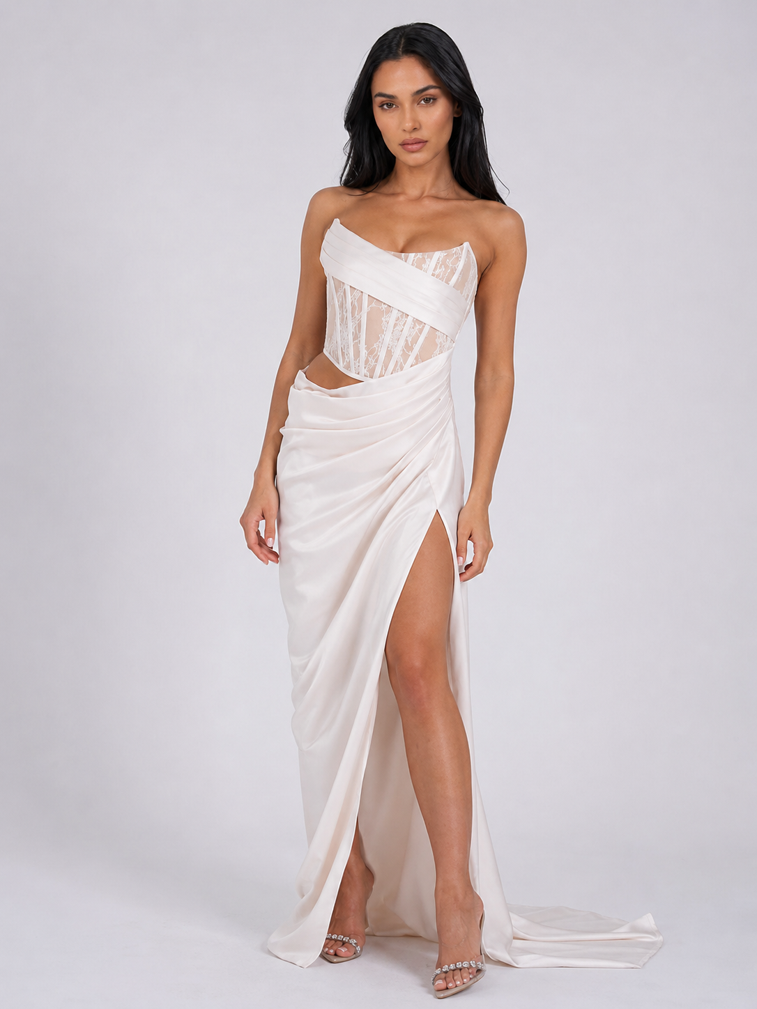 Lace Corset Draped Floor-Length Gown