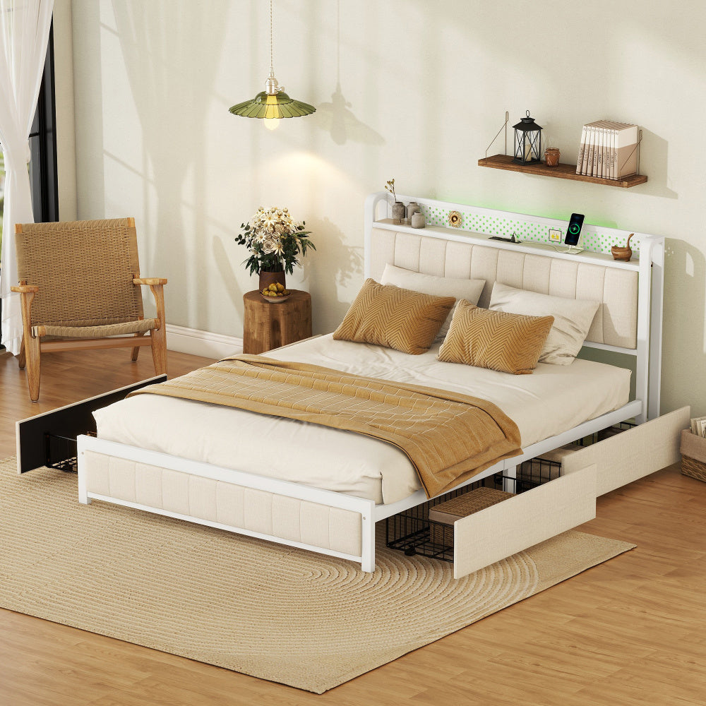 Upholstered Queen Bed Frame with 4 Storage Drawers, LED Headboard and USB Ports