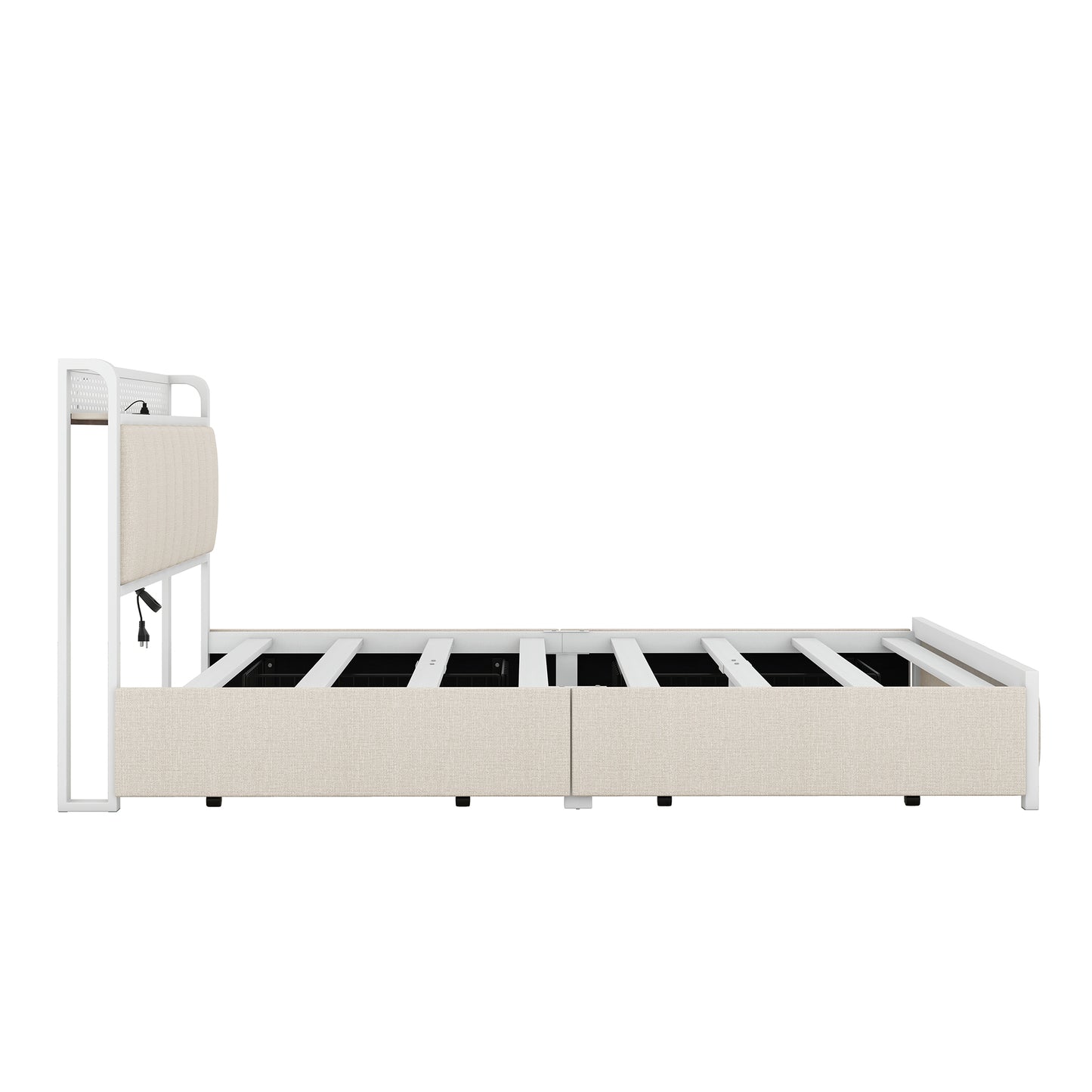 Upholstered Queen Bed Frame with 4 Storage Drawers, LED Headboard and USB Ports