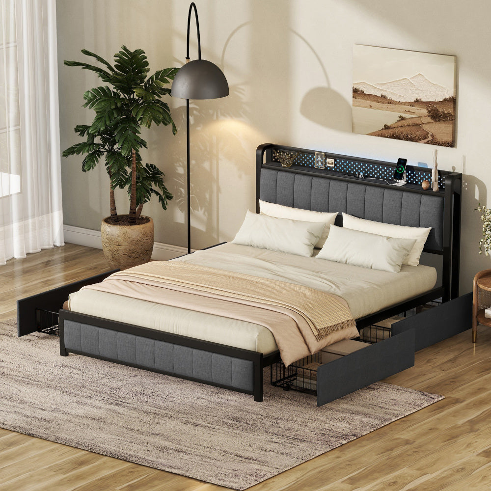 Upholstered Queen Bed Frame with 4 Storage Drawers, LED Headboard and USB Ports