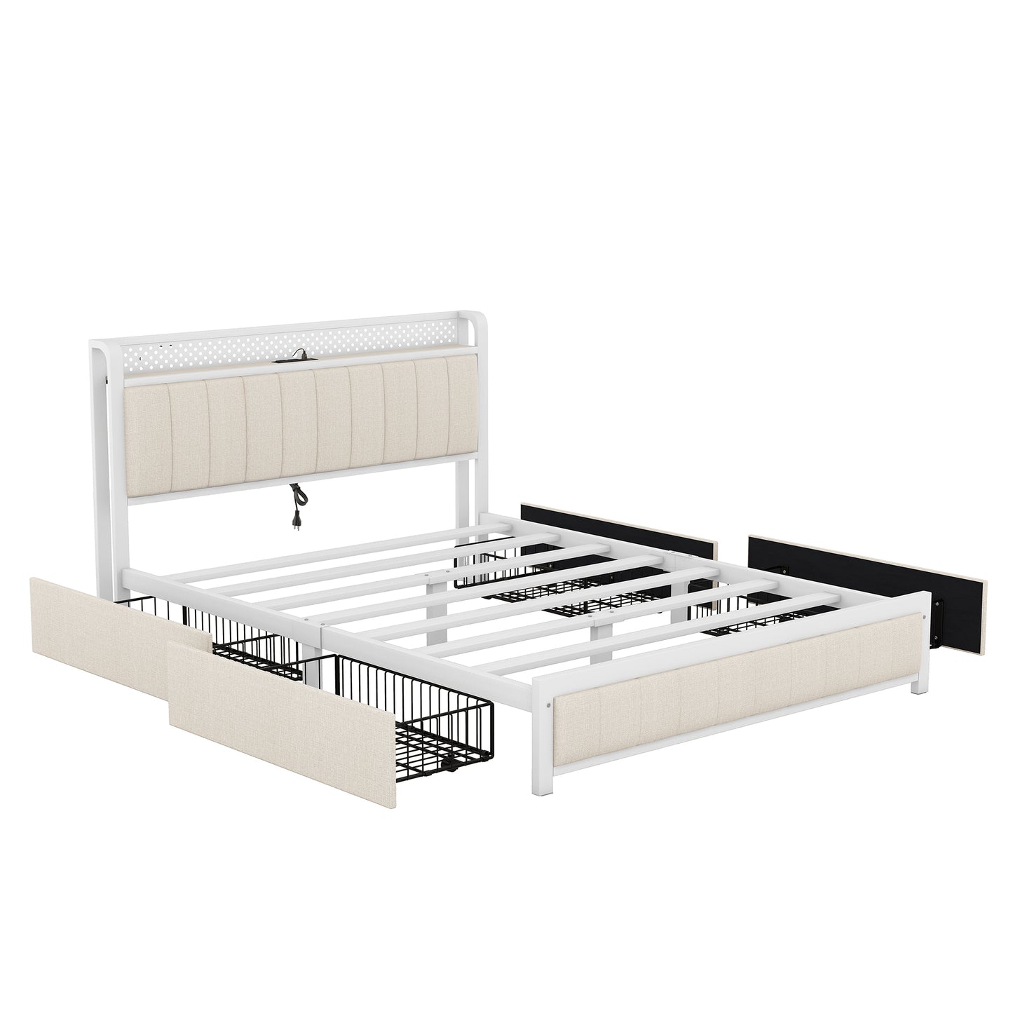 Upholstered Queen Bed Frame with 4 Storage Drawers, LED Headboard and USB Ports