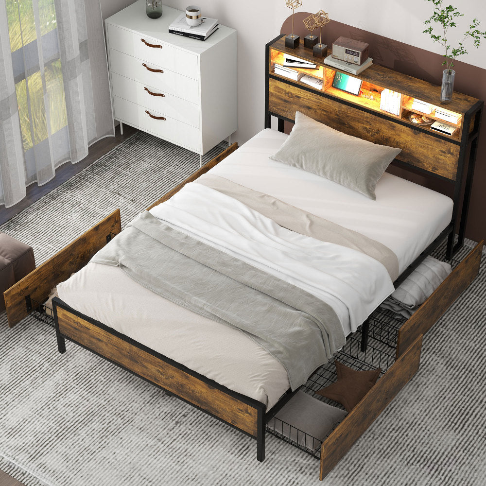 140x200cm Metal Platform Double Bed with Storage Headboard and Drawers, LED Lighting and USB Charging Ports