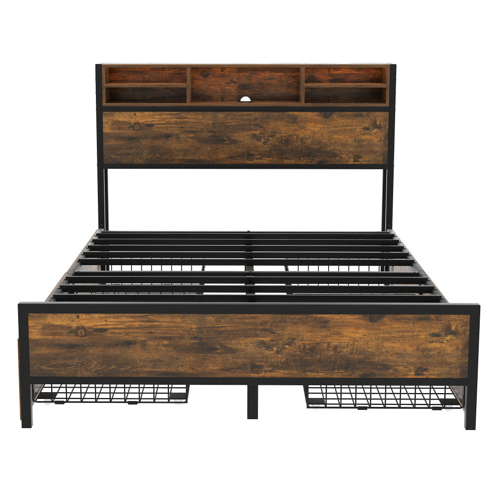 140x200cm Metal Platform Double Bed with Storage Headboard and Drawers, LED Lighting and USB Charging Ports