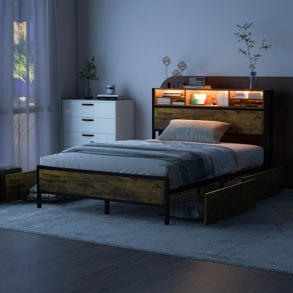 140x200cm Metal Platform Double Bed with Storage Headboard and Drawers, LED Lighting and USB Charging Ports