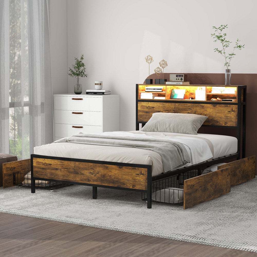 140x200cm Metal Platform Double Bed with Storage Headboard and Drawers, LED Lighting and USB Charging Ports