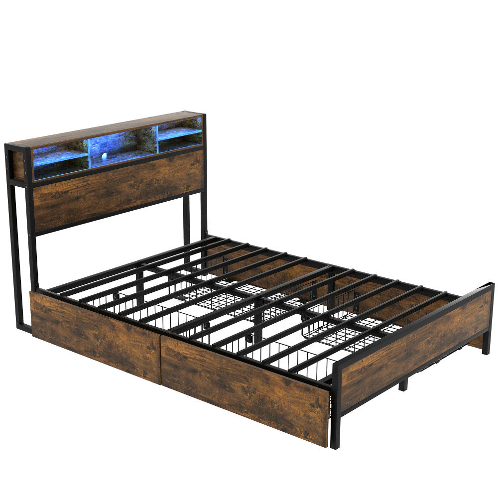 140x200cm Metal Platform Double Bed with Storage Headboard and Drawers, LED Lighting and USB Charging Ports