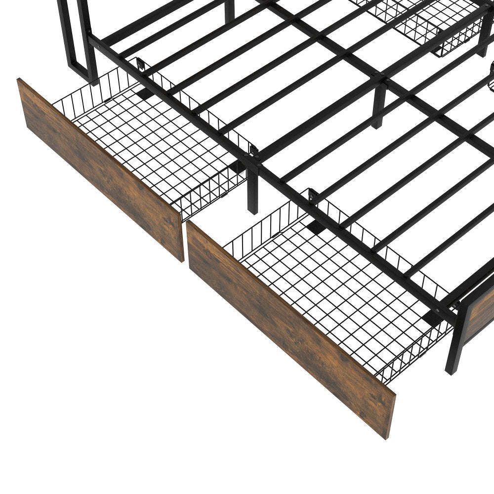 140x200cm Metal Platform Double Bed with Storage Headboard and Drawers, LED Lighting and USB Charging Ports