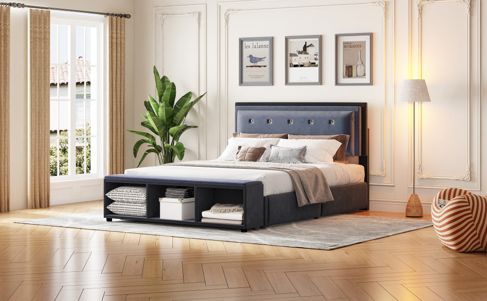 140x200 cm Upholstered Double Bed with Adjustable Headboard & Storage, Gray Velvet