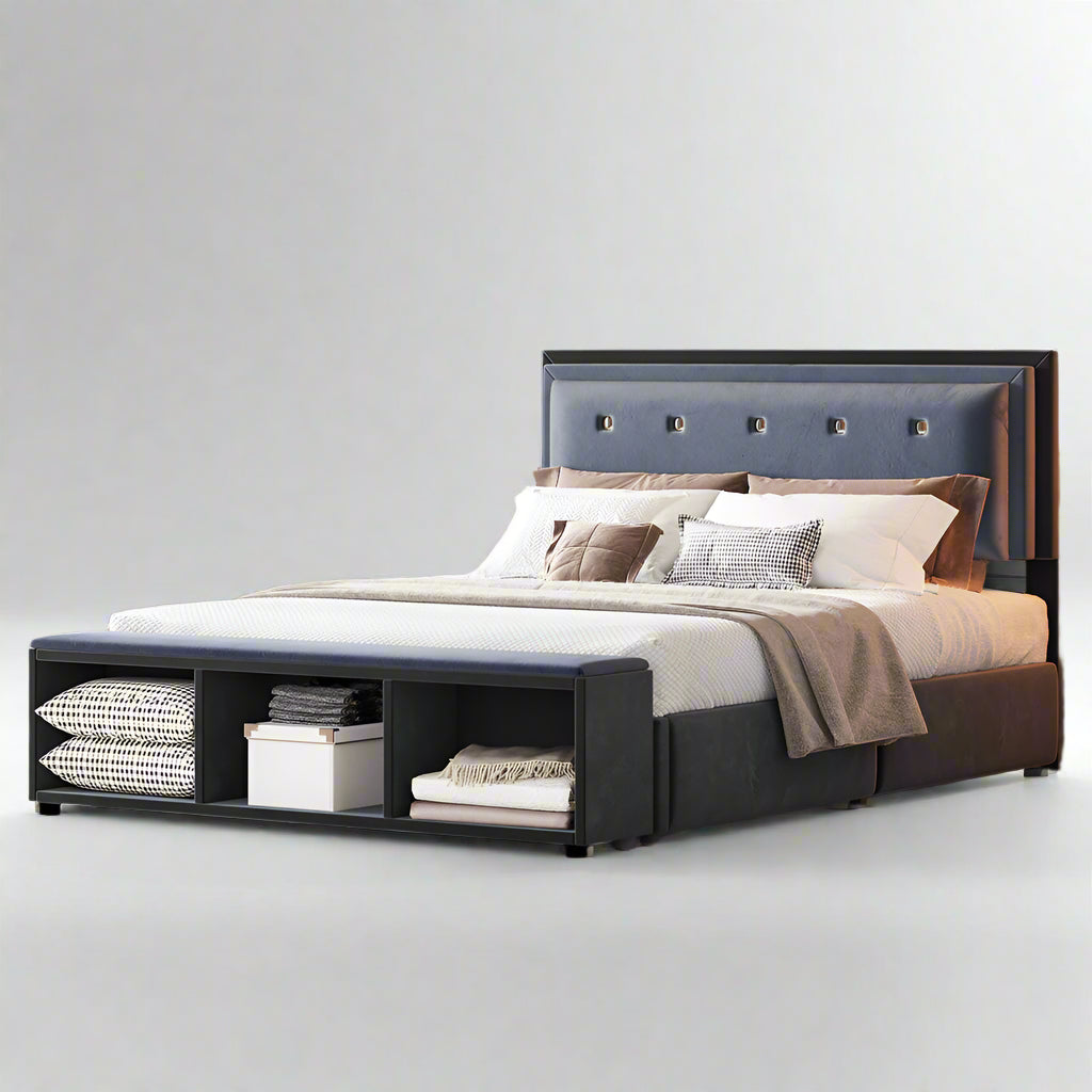 140x200 cm Upholstered Double Bed with Adjustable Headboard & Storage, Gray Velvet
