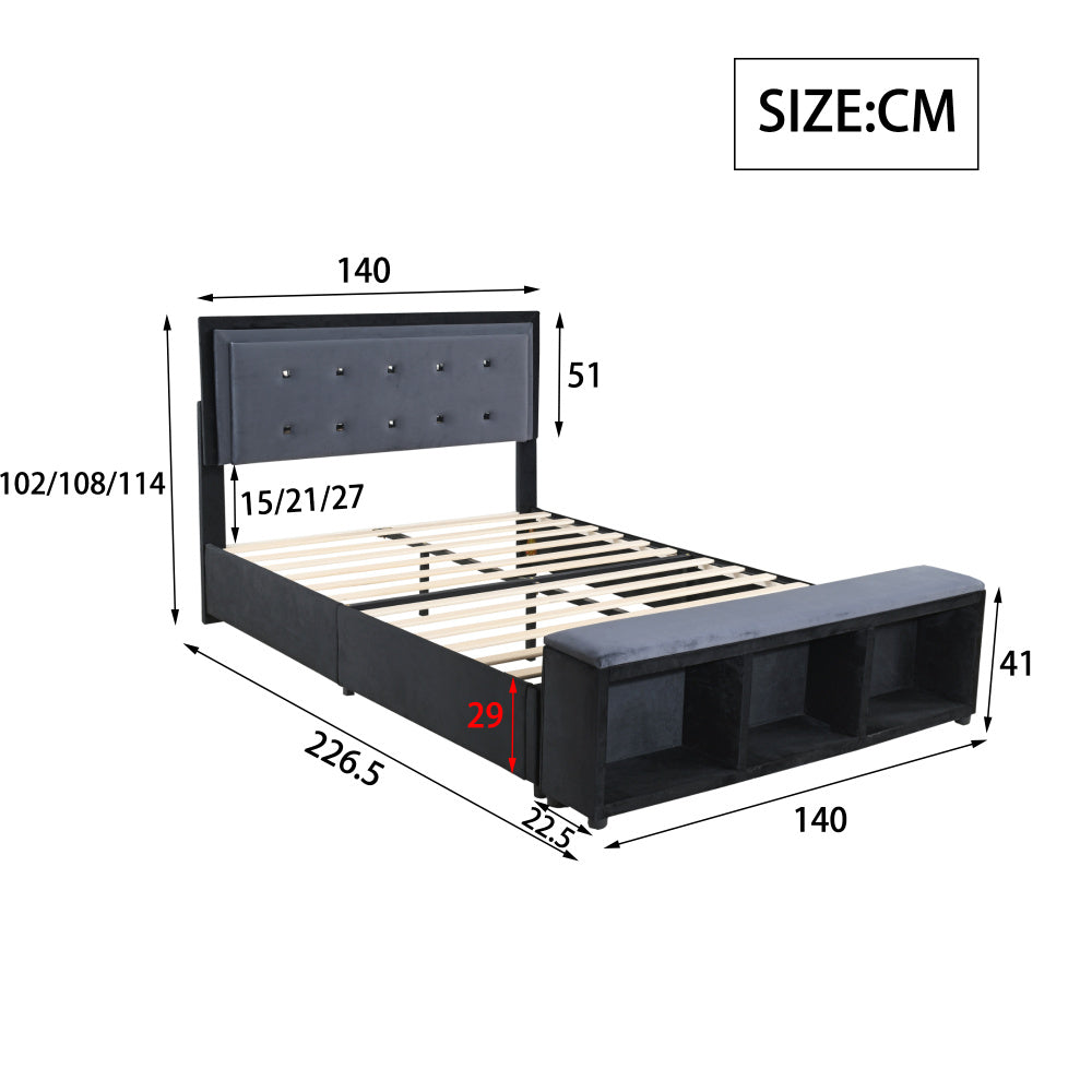 140x200 cm Upholstered Double Bed with Adjustable Headboard & Storage, Gray Velvet