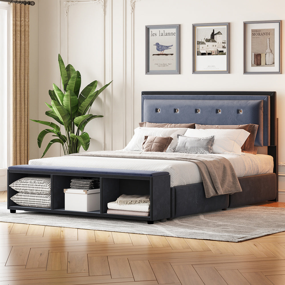 140x200 cm Upholstered Double Bed with Adjustable Headboard & Storage, Gray Velvet