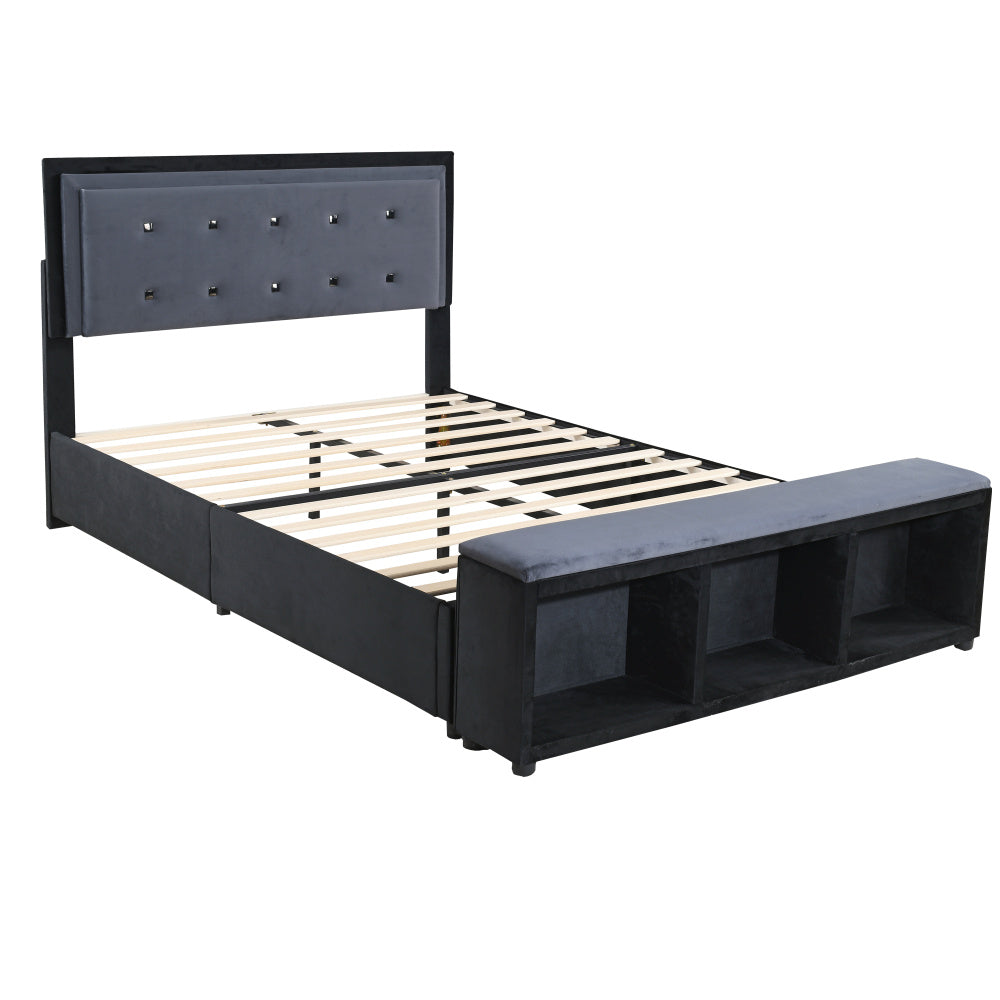 140x200 cm Upholstered Double Bed with Adjustable Headboard & Storage, Gray Velvet