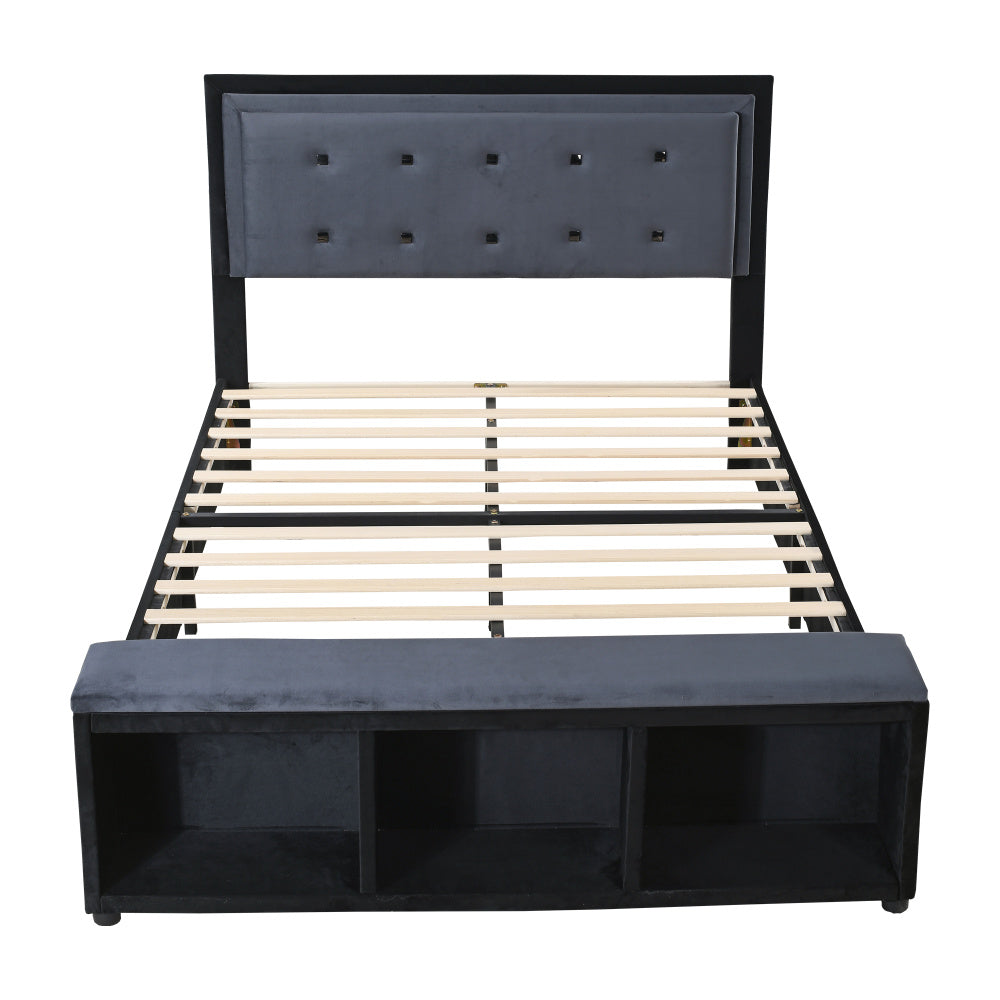 140x200 cm Upholstered Double Bed with Adjustable Headboard & Storage, Gray Velvet
