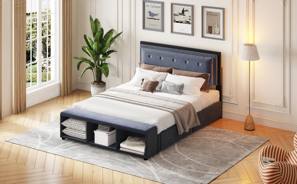 140x200 cm Upholstered Double Bed with Adjustable Headboard & Storage, Gray Velvet