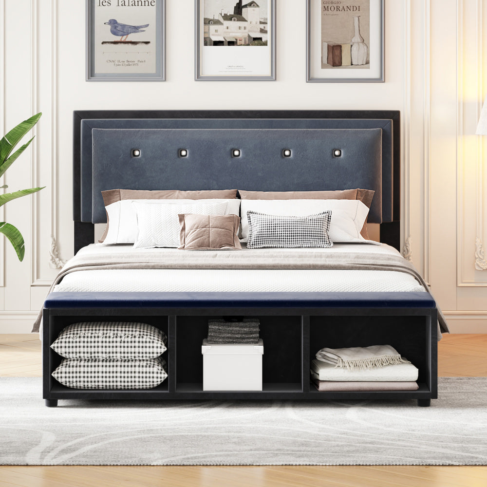 140x200 cm Upholstered Double Bed with Adjustable Headboard & Storage, Gray Velvet