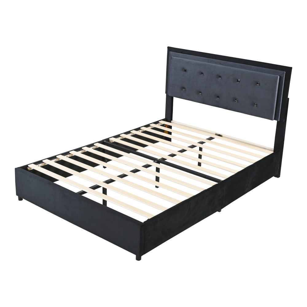 140x200 cm Upholstered Double Bed with Adjustable Headboard & Storage, Gray Velvet