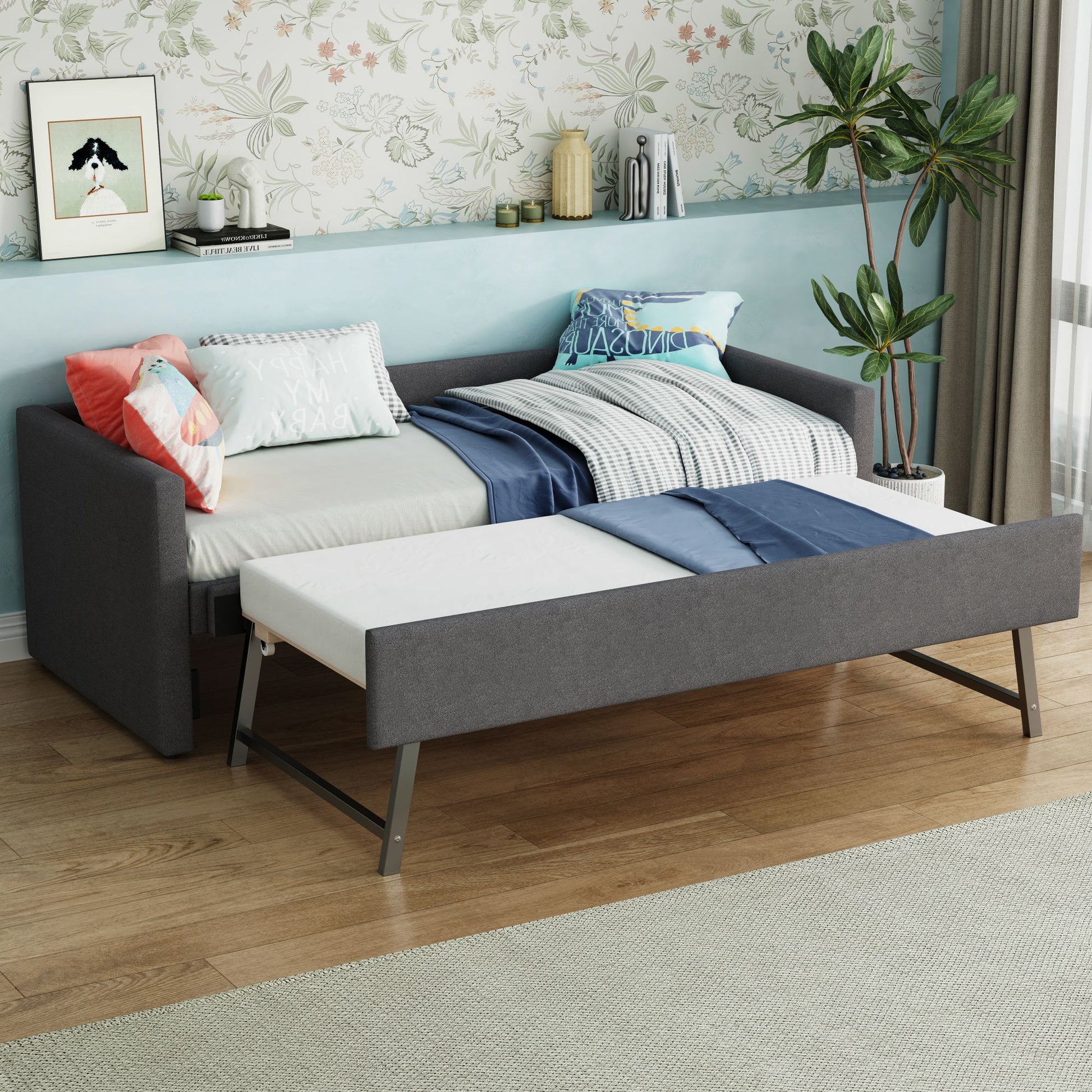 90x200 cm Upholstered Sofa Bed with Pull-Out Trundle Bed