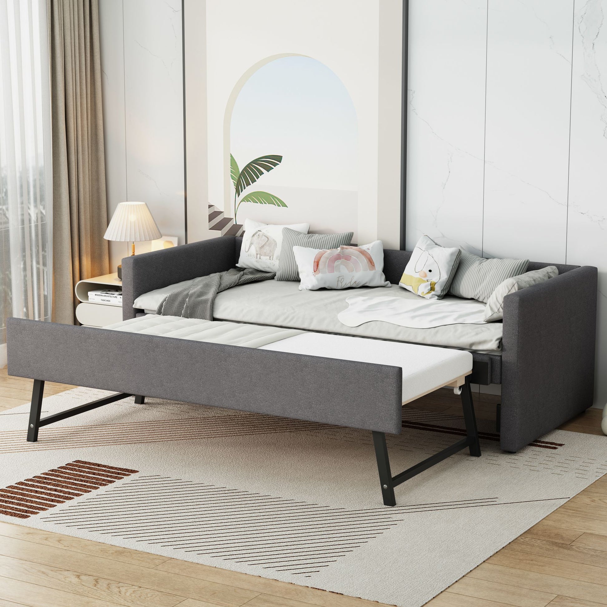 90x200 cm Upholstered Sofa Bed with Pull-Out Trundle Bed