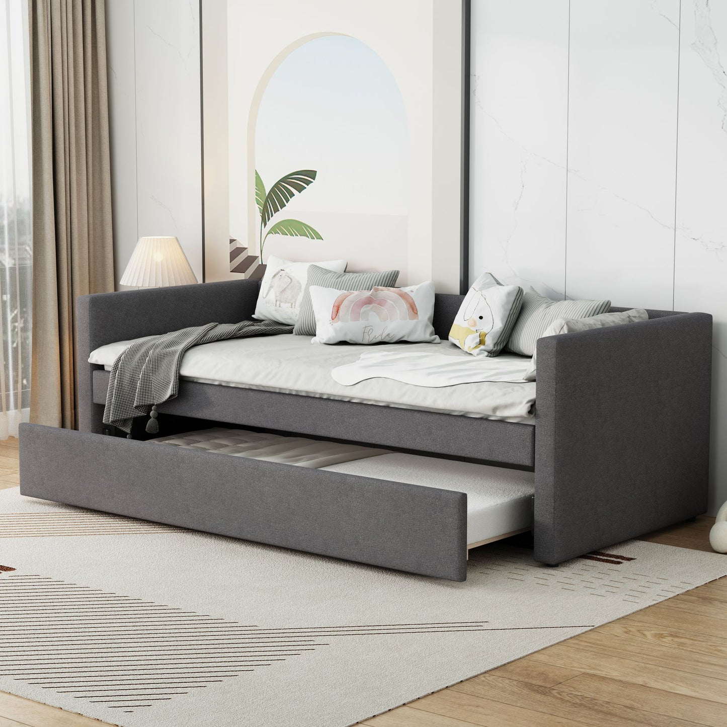 90x200 cm Upholstered Sofa Bed with Pull-Out Trundle Bed