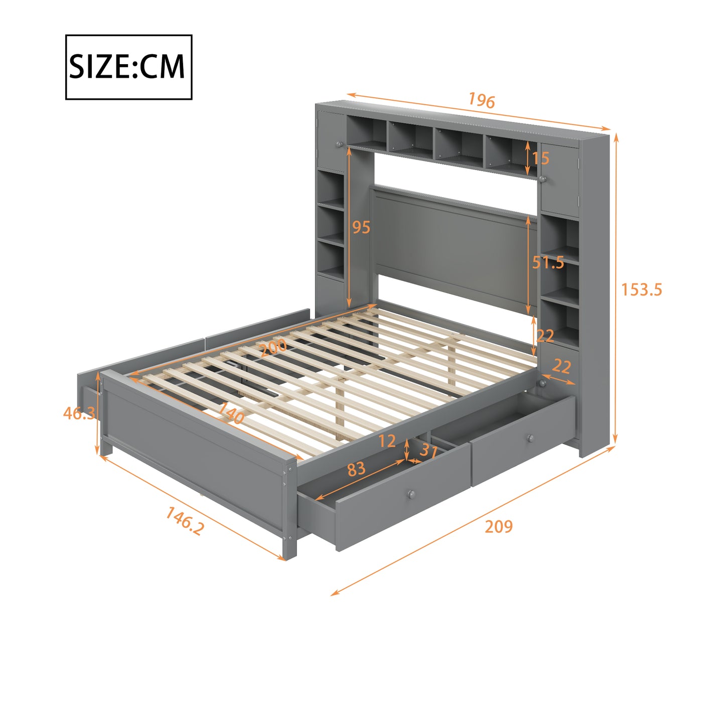 140x200 cm Full Size Platform Storage Bed