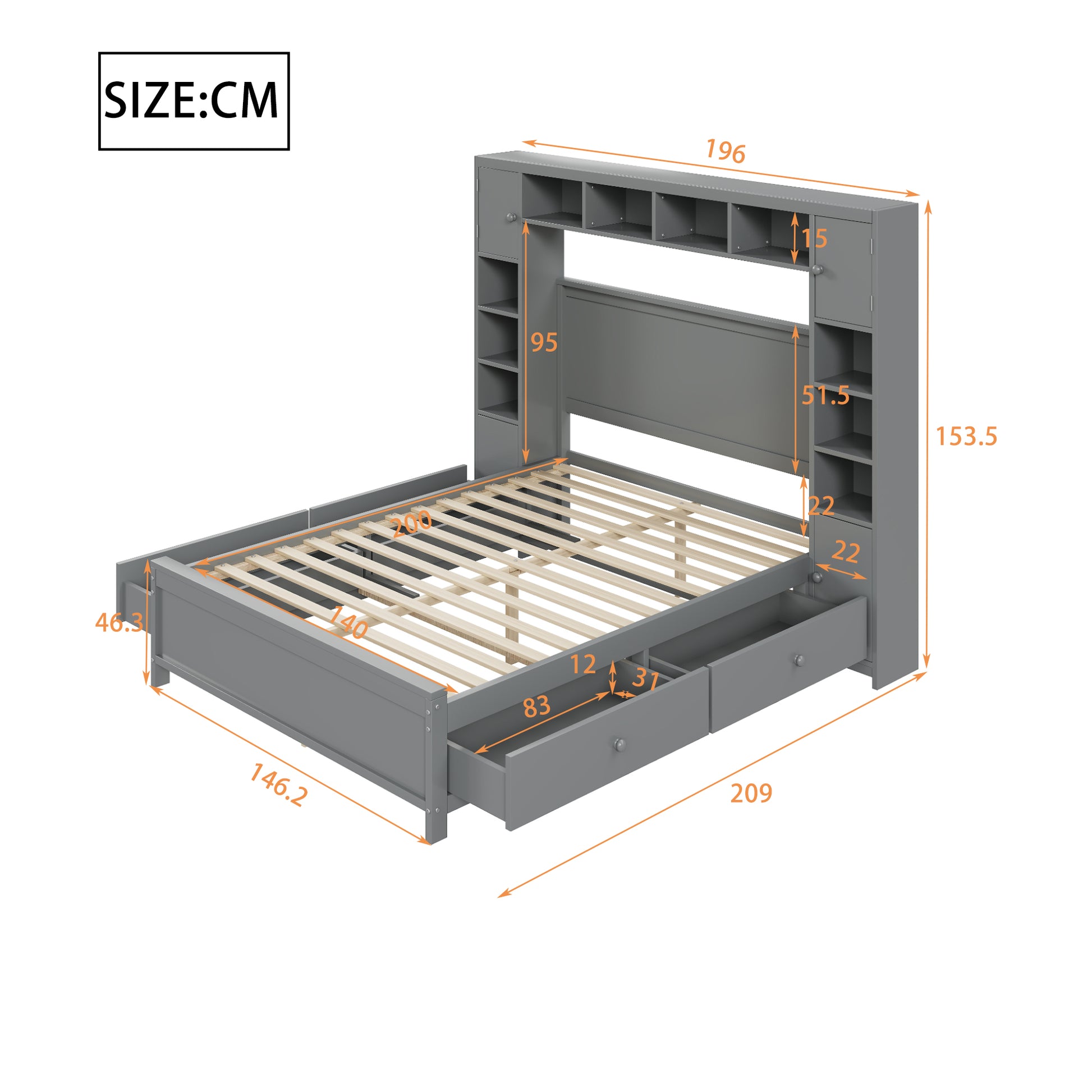 140x200 cm Full Size Platform Storage Bed