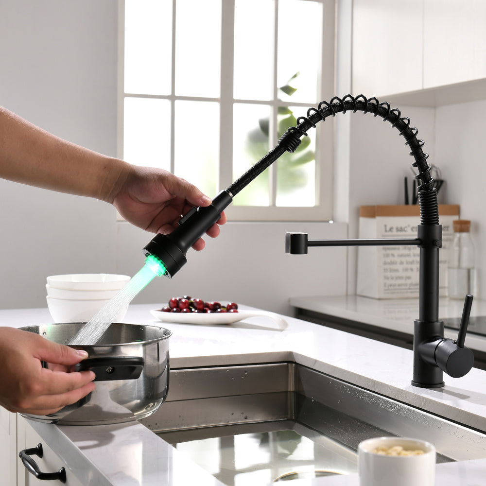 LED Commercial Kitchen Faucet with Pull Down Sprayer, Single Handle, Single Lever Kitchen Sink Faucet