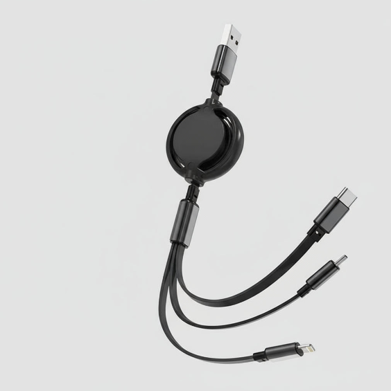 3-in-1 Retractable Multi-Charging Cable, Type-C, Micro, and Lightning Connectors