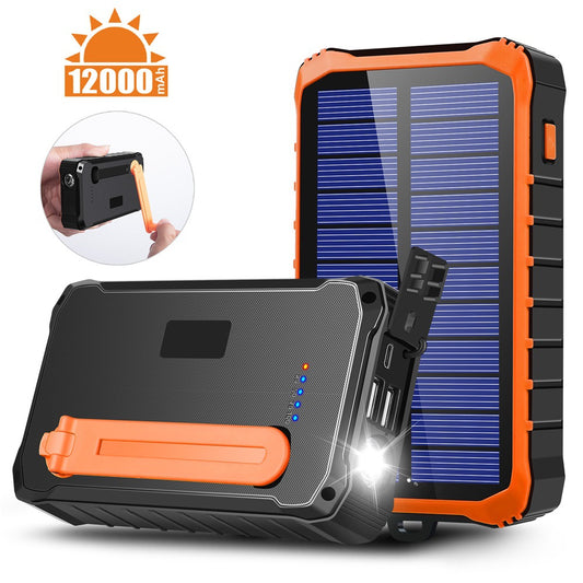 12000mAh Hand-Cranked Solar Fast Charging Power Bank with Dual USB, Micro Input, LED Light