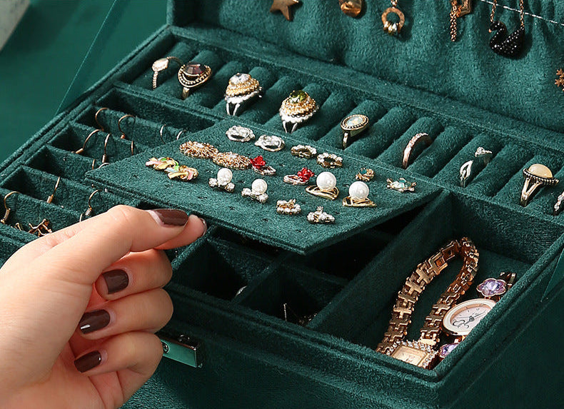 3-Layer Green Velvet Jewelry Organizer Box