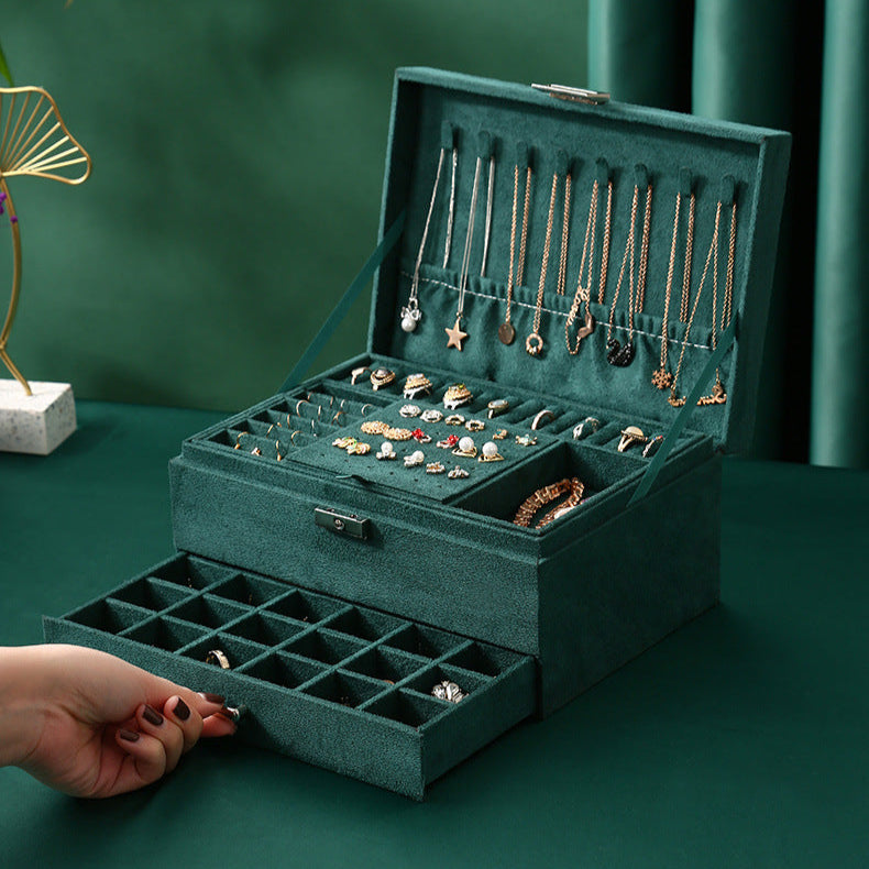 3-Layer Green Velvet Jewelry Organizer Box
