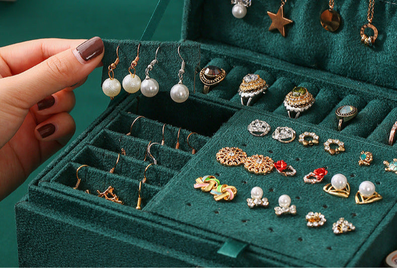 3-Layer Green Velvet Jewelry Organizer Box