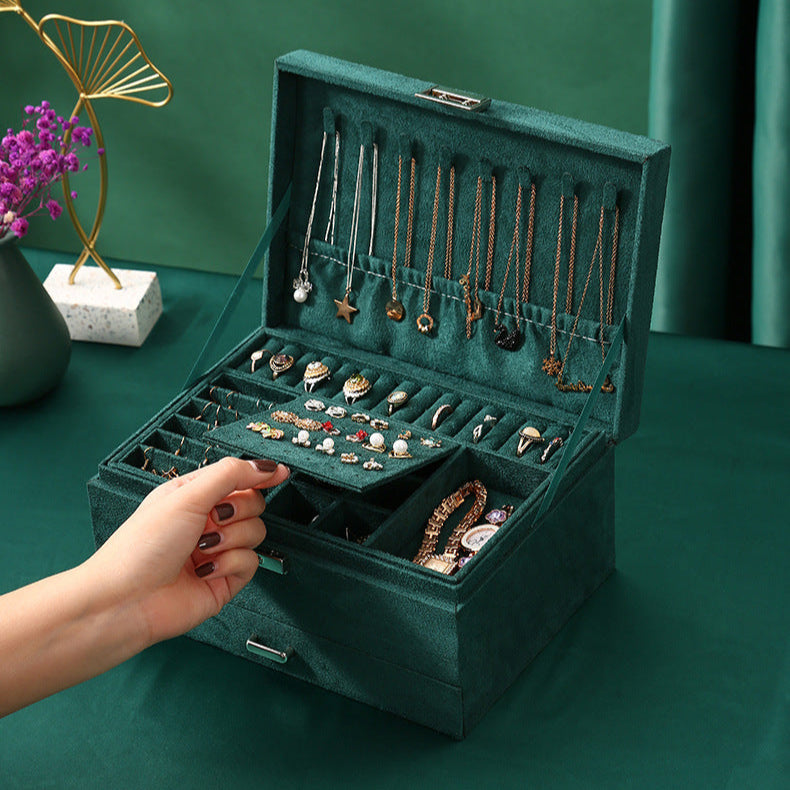 3-Layer Green Velvet Jewelry Organizer Box