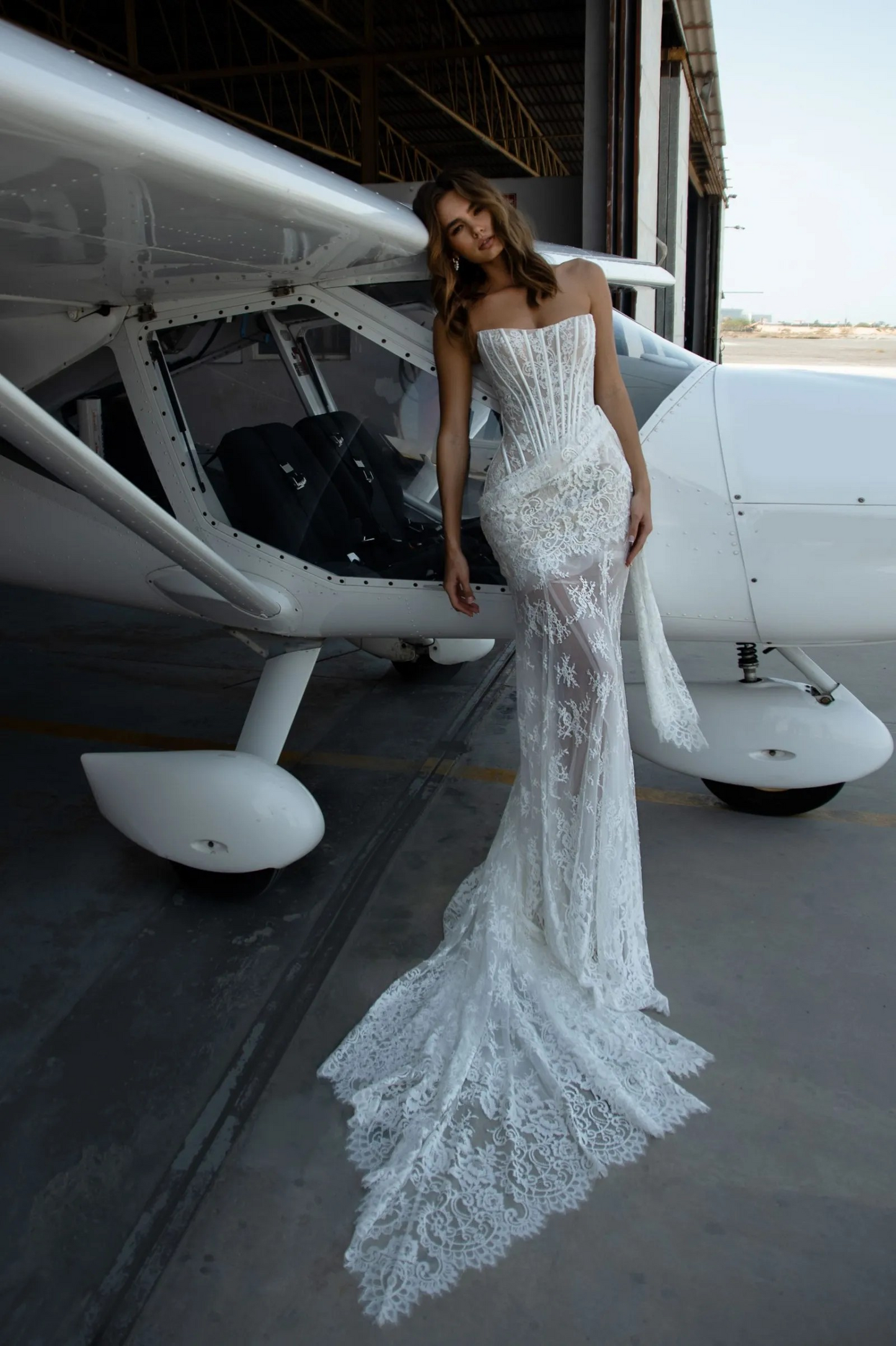 Strapless Lace Corset Bridal Gown with Sheer Skirt & Train