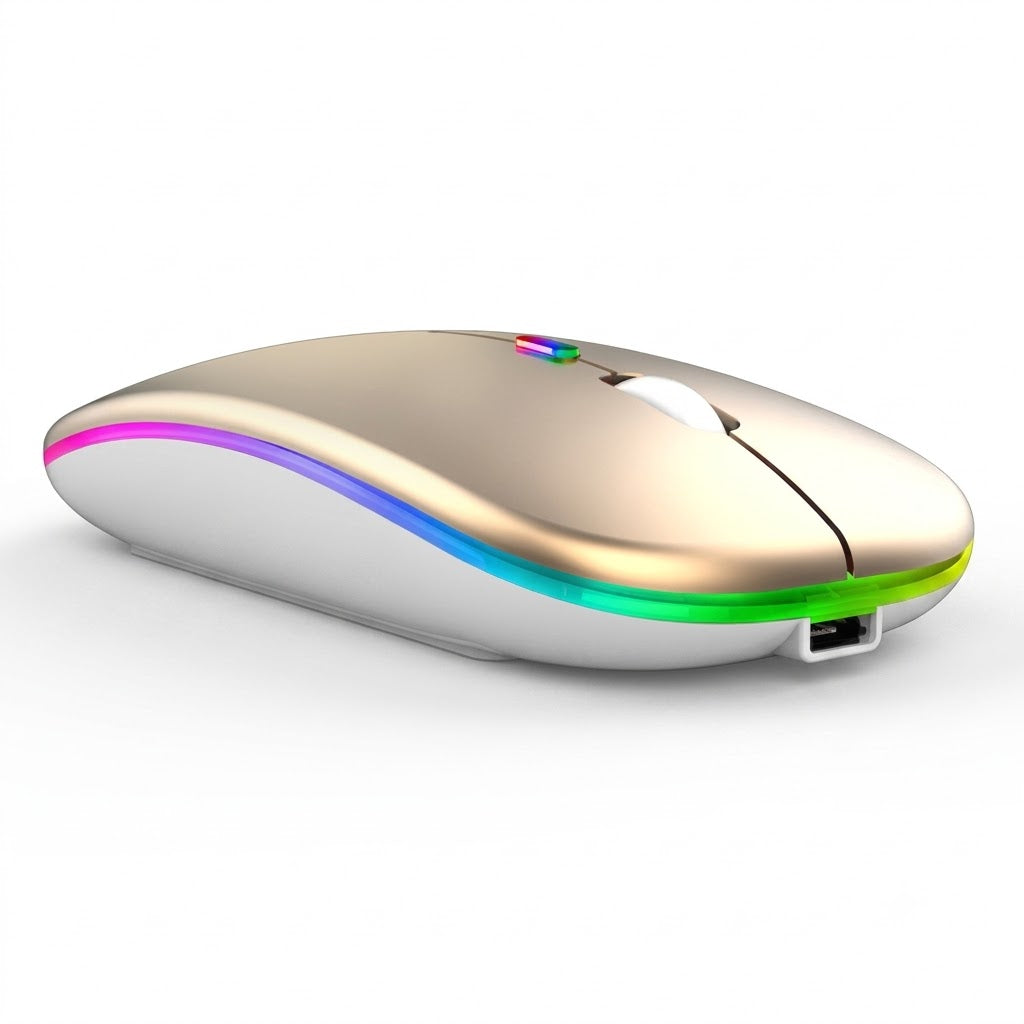 Rechargeable Dual-Mode Bluetooth 5.2 Wireless Mouse with 2.4GHz Receiver, Ultra-Silent Click & Colorful RGB LED Effects