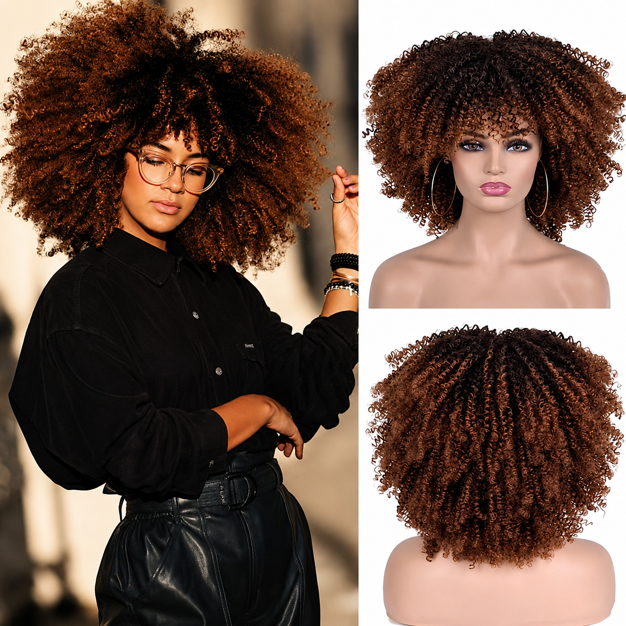 Natural-Looking Curly Synthetic Wig with Full Bangs – 16-Inch/40CM