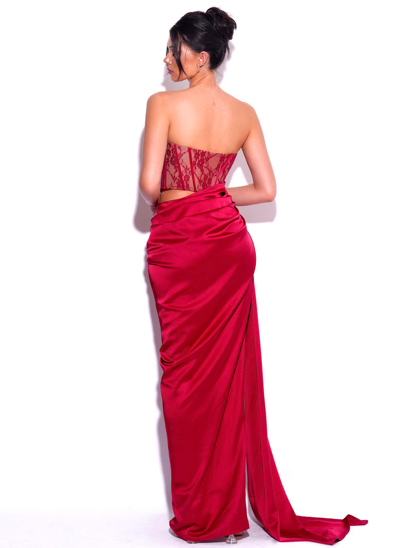 Strapless Lace Corset  Draped Floor-Length Dress