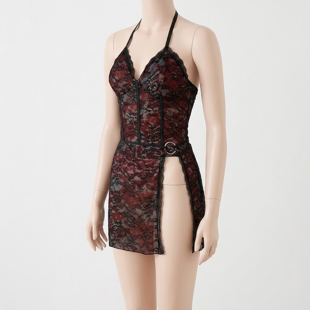 Red Floral Lace Halter Mini Dress