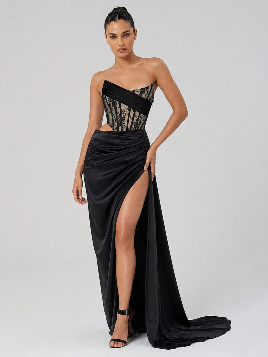 Lace Corset Draped Floor-Length Gown