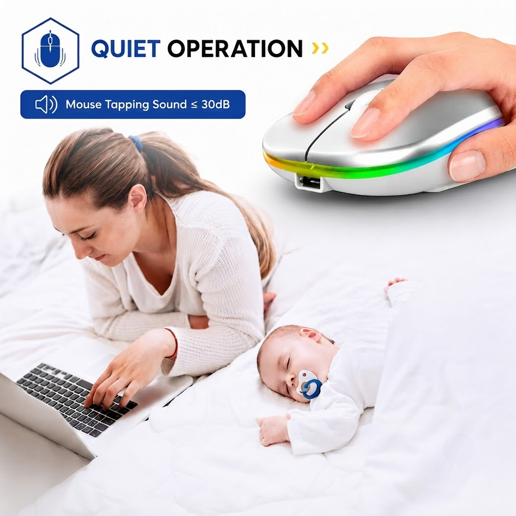 Rechargeable Dual-Mode Bluetooth 5.2 Wireless Mouse with 2.4GHz Receiver, Ultra-Silent Click & Colorful RGB LED Effects