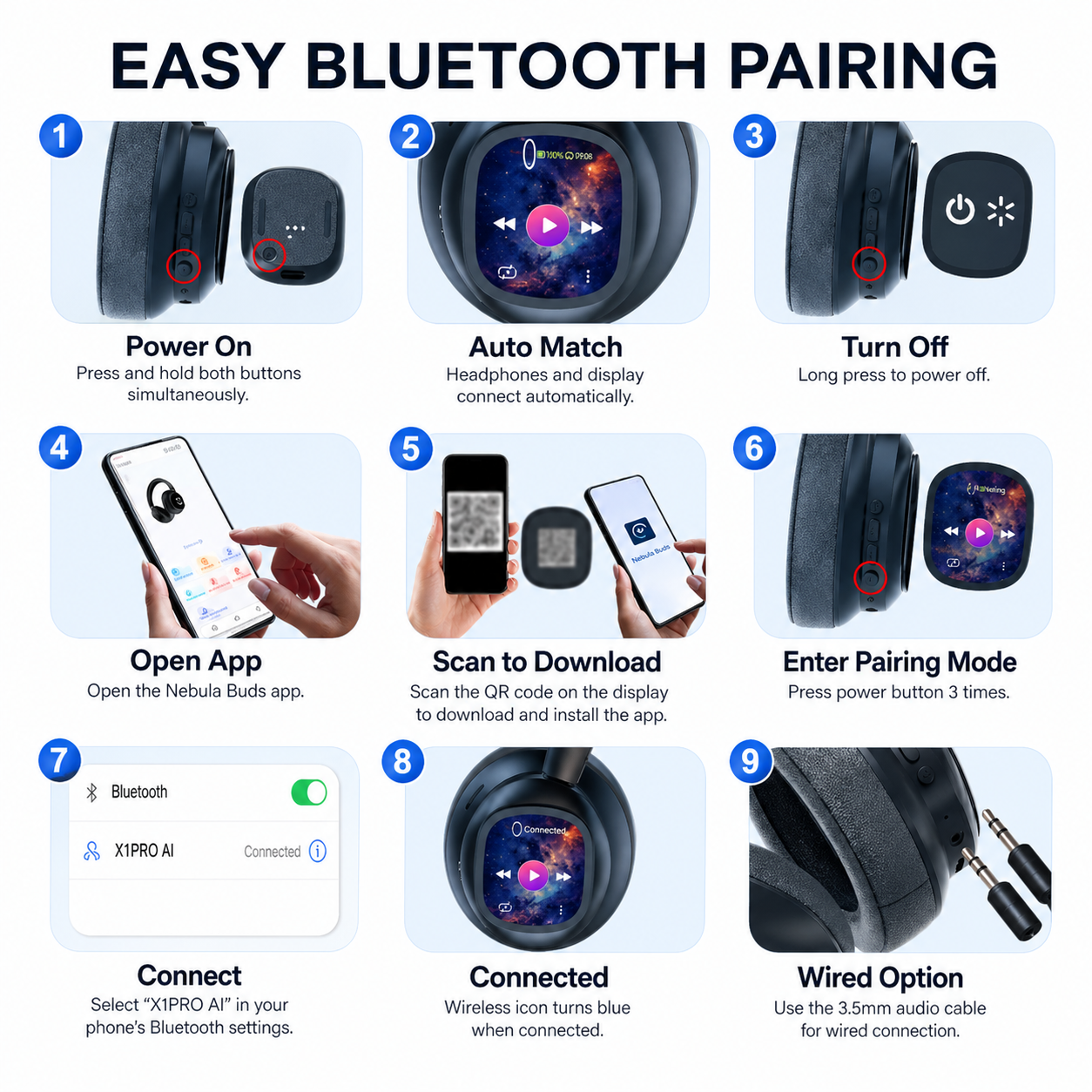 HY-X1 Pro AI Smart Wireless Headphones with Detachable LCD Touch Screen, AI Translation, Smart Tools, 46H Playtime