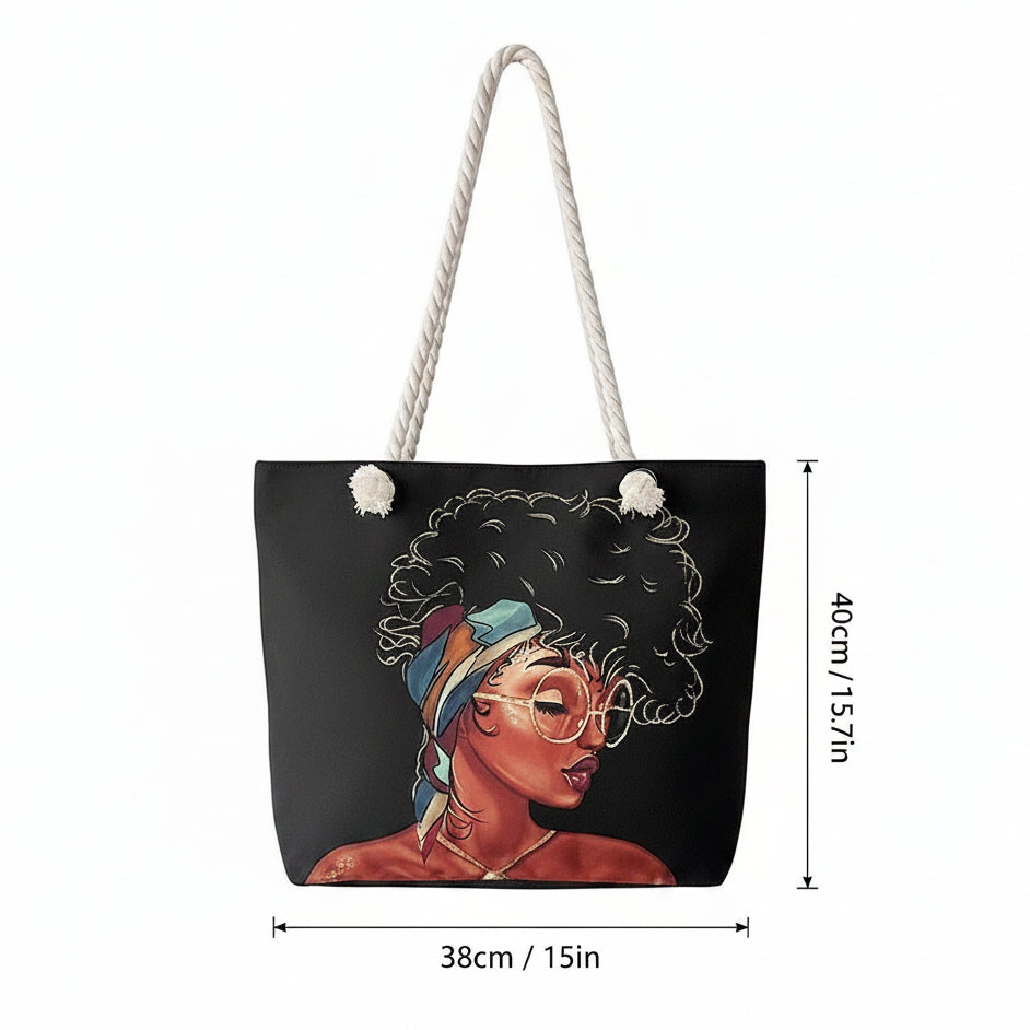 Afro-Ethnic Graphic Canvas Shoulder Tote – Large Capacity